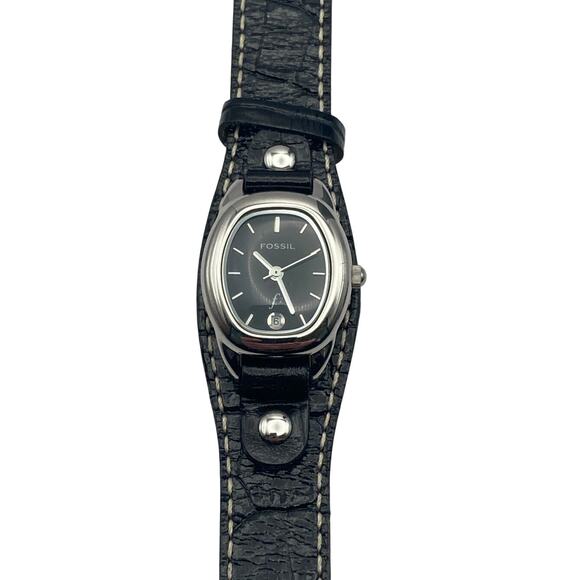 Fossil F2 Womens Watch 23mm - New Battery - Black Leather Bund Cuff Band Date - Picture 1 of 9